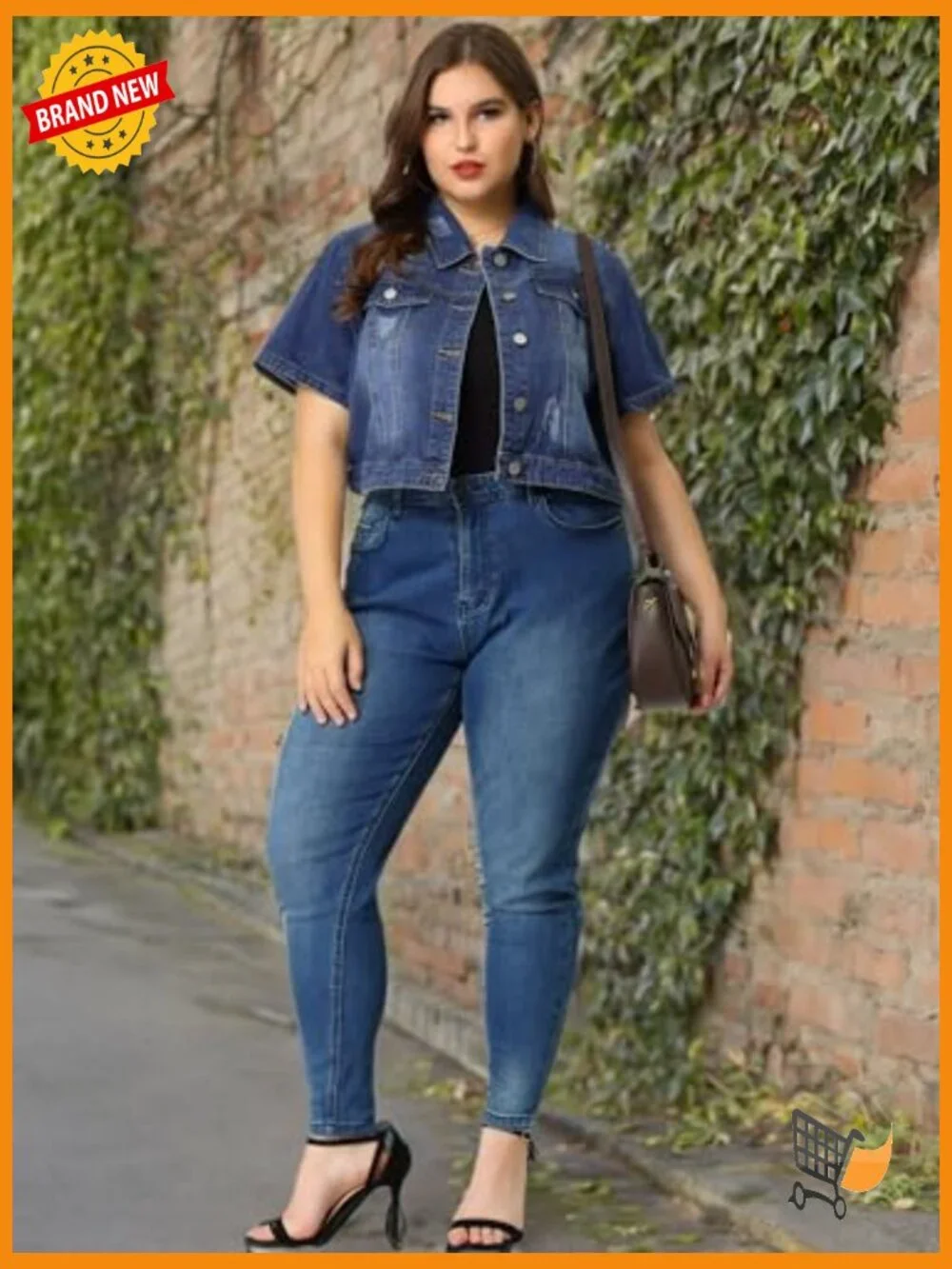 Plus Size Crop Denim Jacket Short Sleeve Button Down - Picture 6 of 7